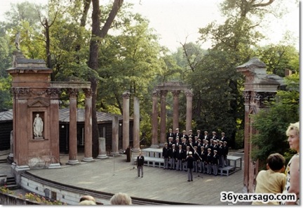 Mens choir in outdoor amphitheater